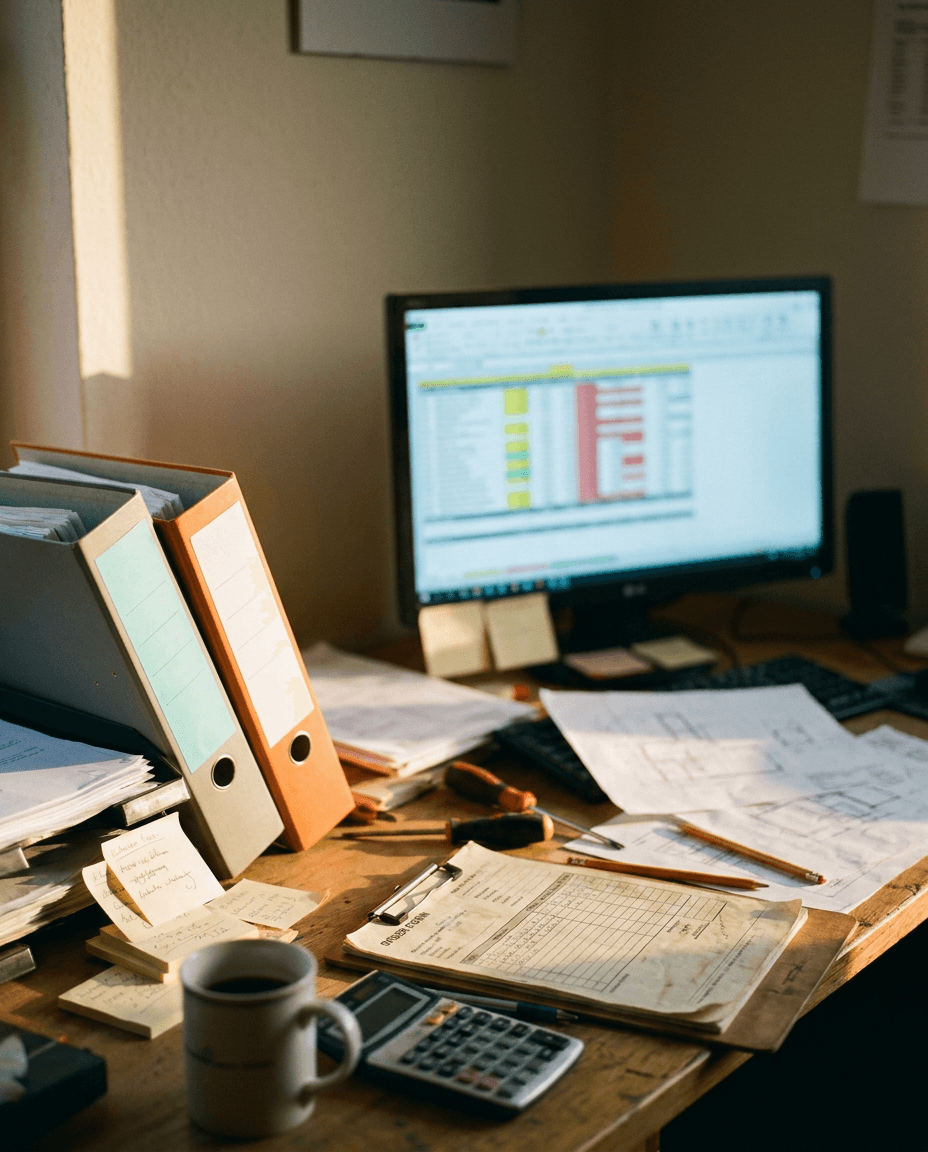 Unaufgeräumter Schreibtisch mit Aktenordnern, Notizzetteln und einer unübersichtlichen Excel-Tabelle am Monitor
