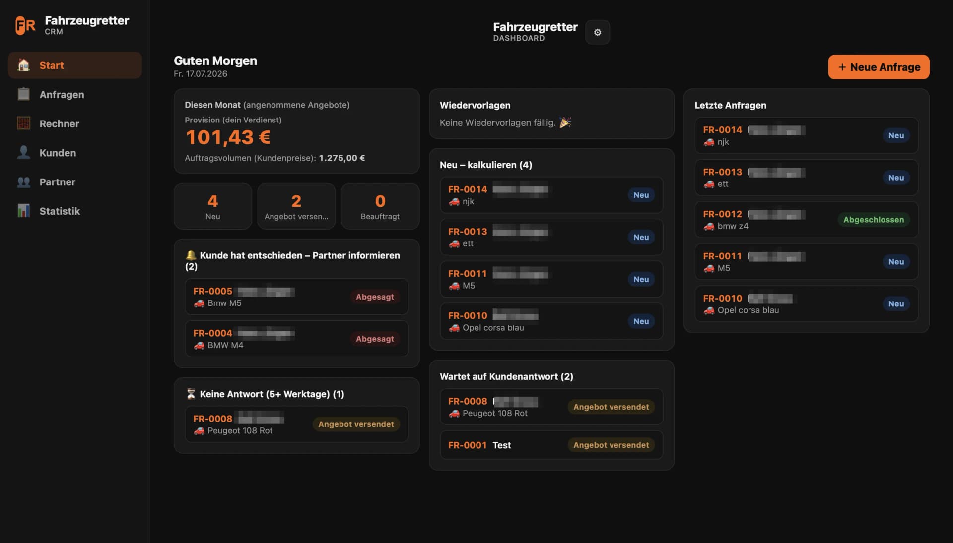 Screenshot: Desktop-Ansicht der Fahrzeugretter-Auftragsverwaltung