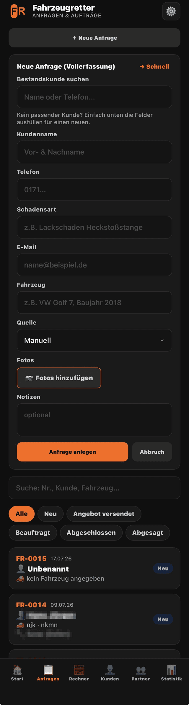 Screenshot: Anfragenübersicht der Fahrzeugretter-App