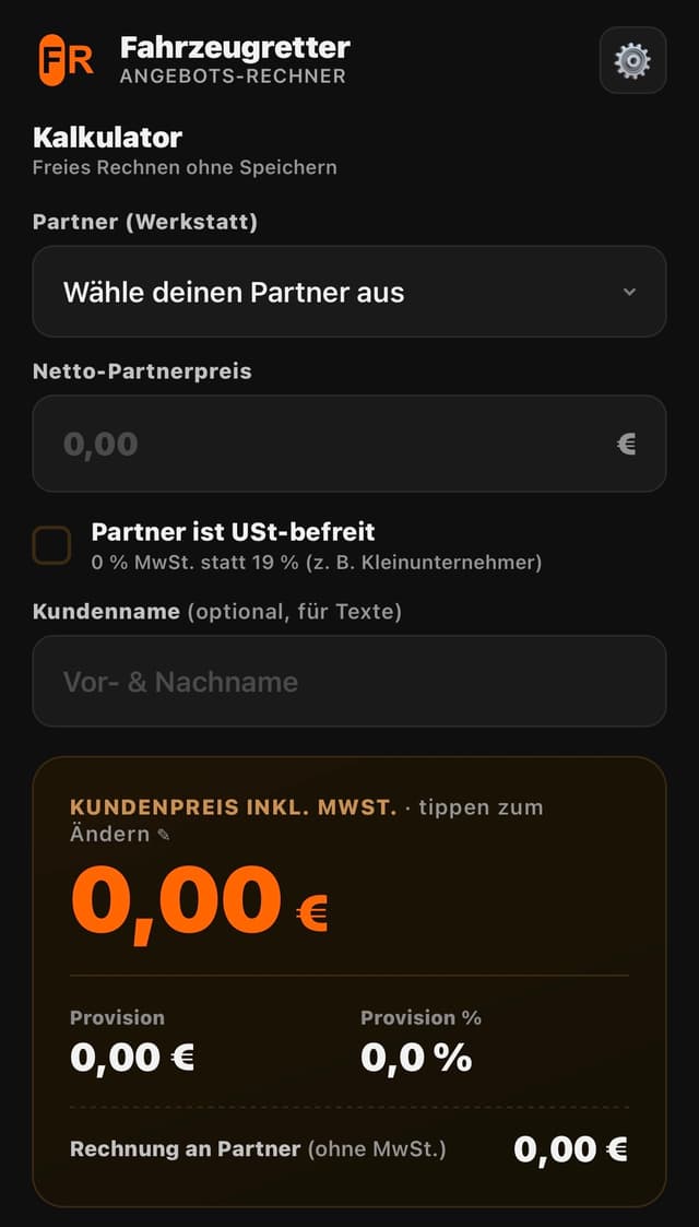 Screenshot: Kalkulator der Fahrzeugretter-App