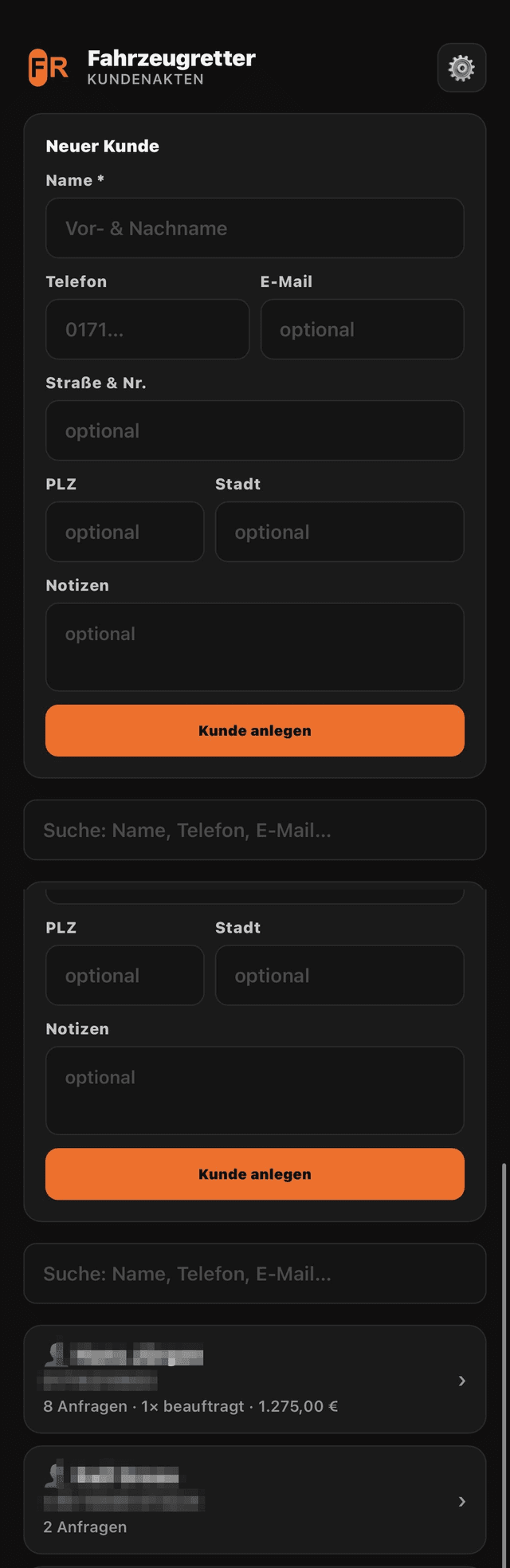 Screenshot: Kundenverwaltung der Fahrzeugretter-App