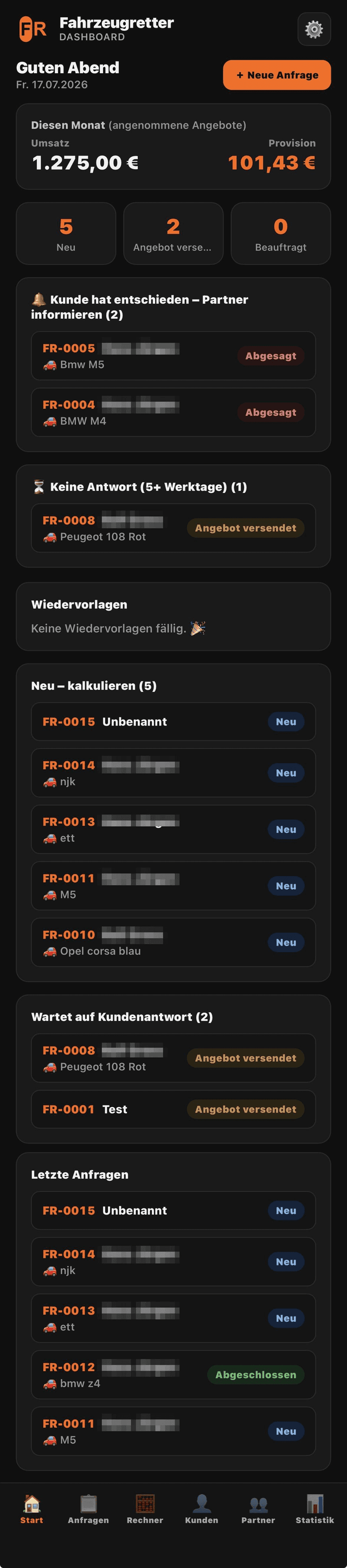 Screenshot: Startbildschirm der Fahrzeugretter-App